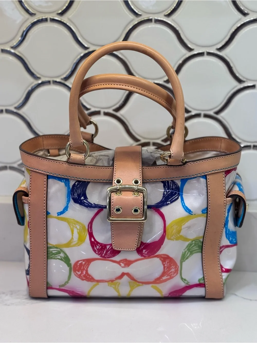 Coach Multicolor Logo Print Boxy  Tote w/ Tan Leather - Vintage -Limited Edition